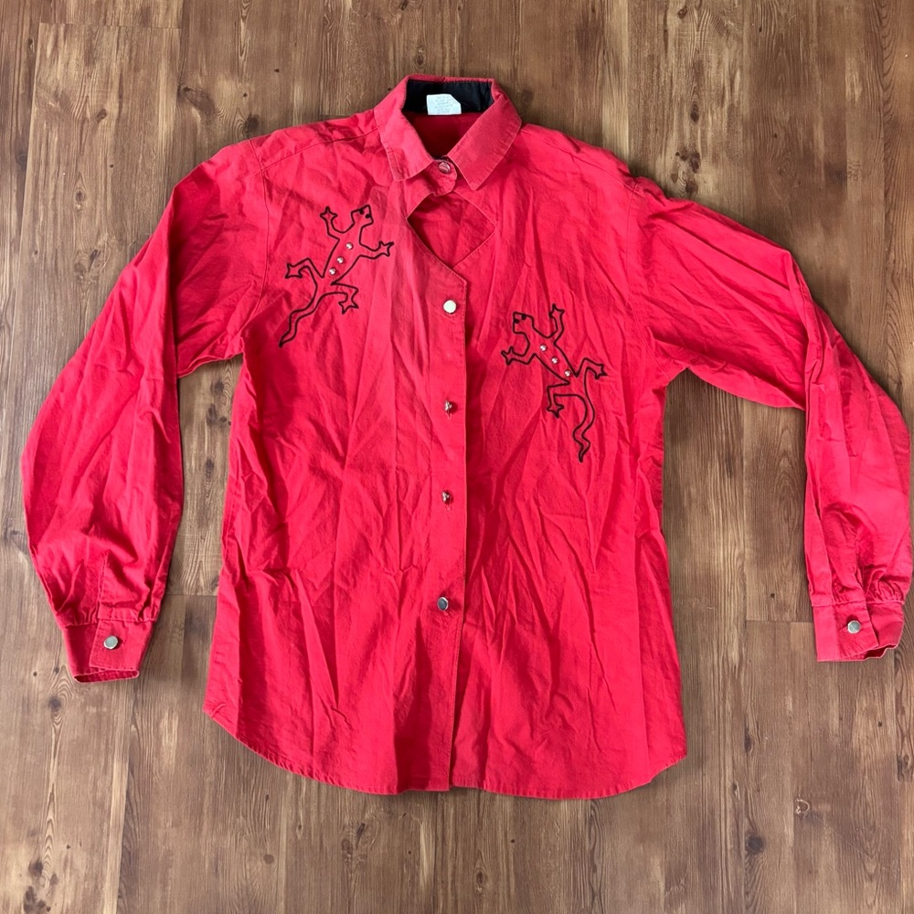 Rare Vintage Red Button-Up Roper Shirt With Lizard Embroidered Design